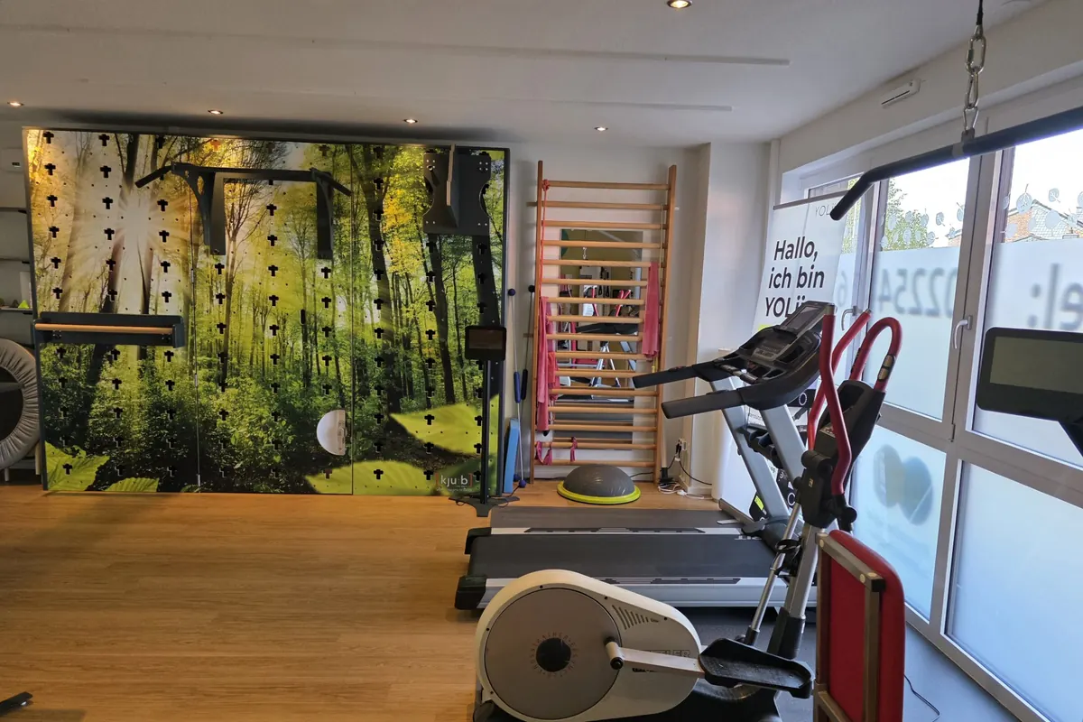 Übersicht der Trainingsfläche mit Sprossenwand und Balancetrainer